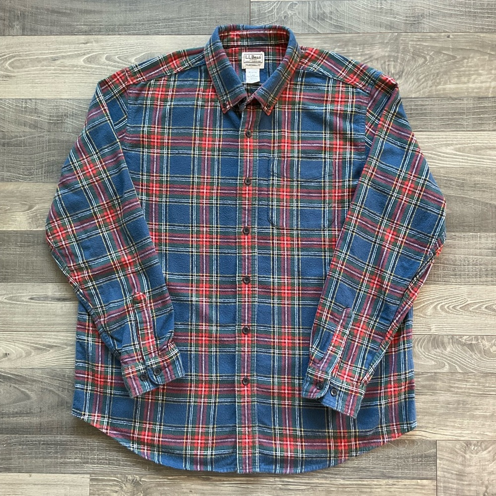 LL Bean Scotch Plaid Flannel Shirt Men’s LARGE Royal Blue Red Green White 228061
